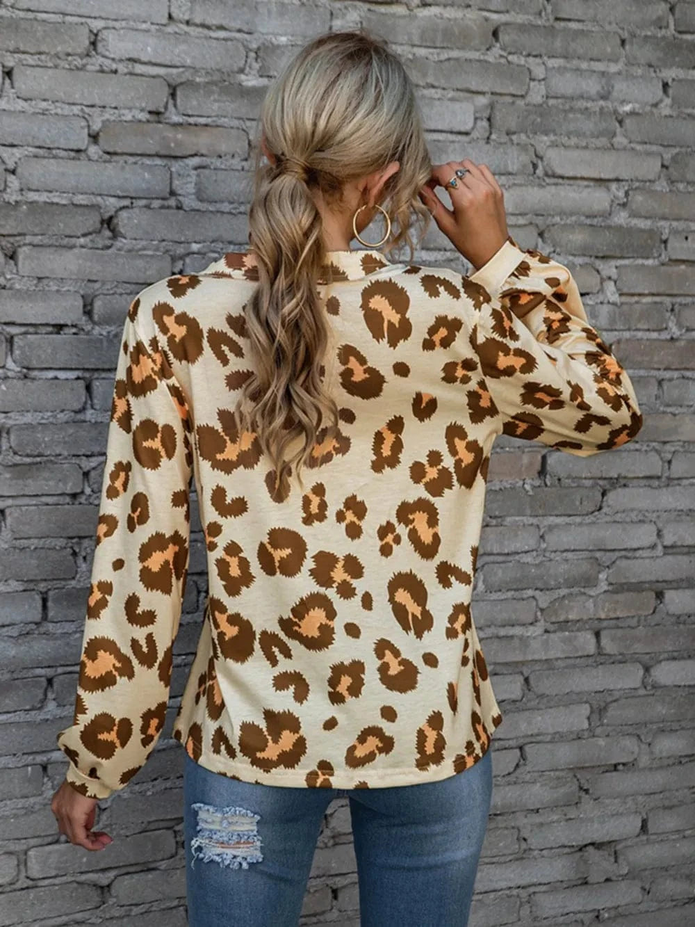 Trendsi Leopard V-Neck Decorative Button Long Sleeve Blouse