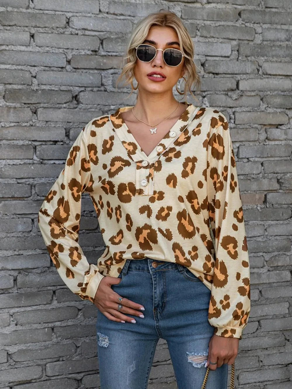 Trendsi Leopard V-Neck Decorative Button Long Sleeve Blouse