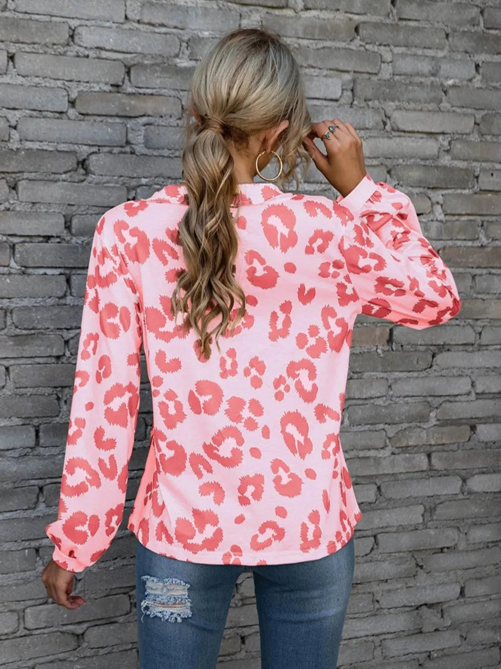 Trendsi Leopard V-Neck Decorative Button Long Sleeve Blouse