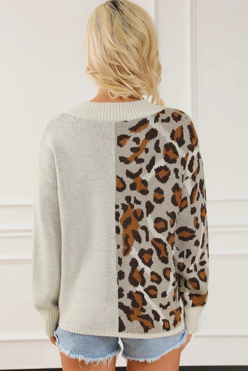 Trendsi Leopard V Neck Drop Shoulder Sweater