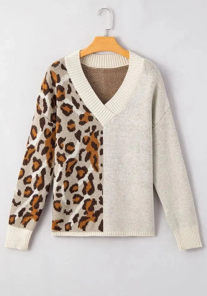 Trendsi Leopard V Neck Drop Shoulder Sweater