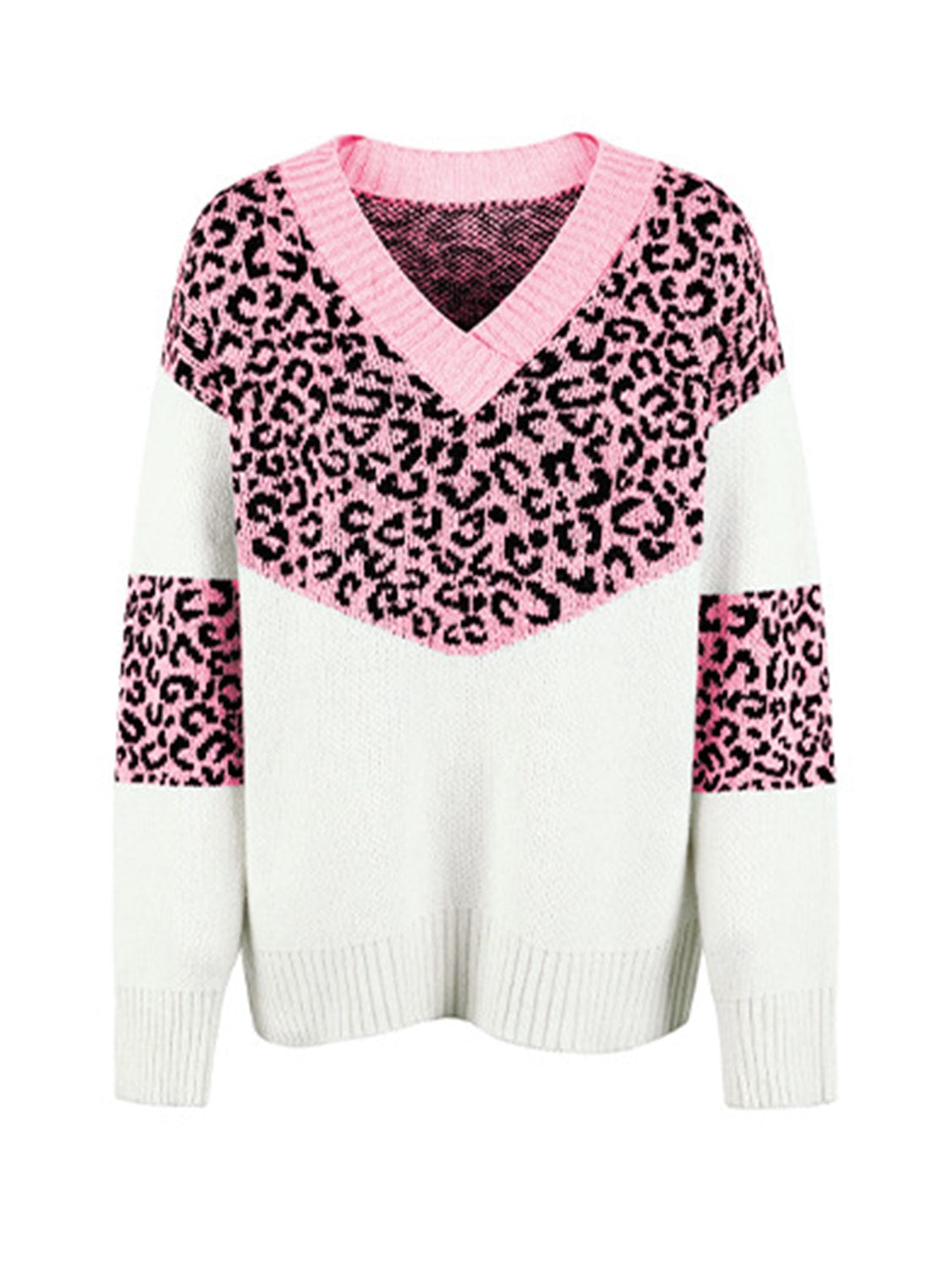 Trendsi Leopard V-Neck Dropped Shoulder Sweater