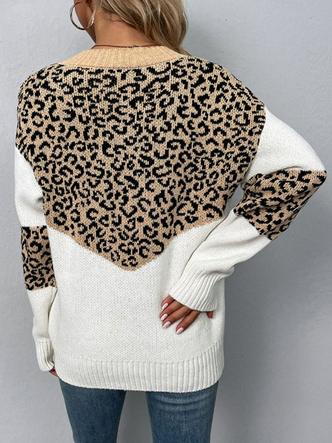Trendsi Leopard V-Neck Dropped Shoulder Sweater