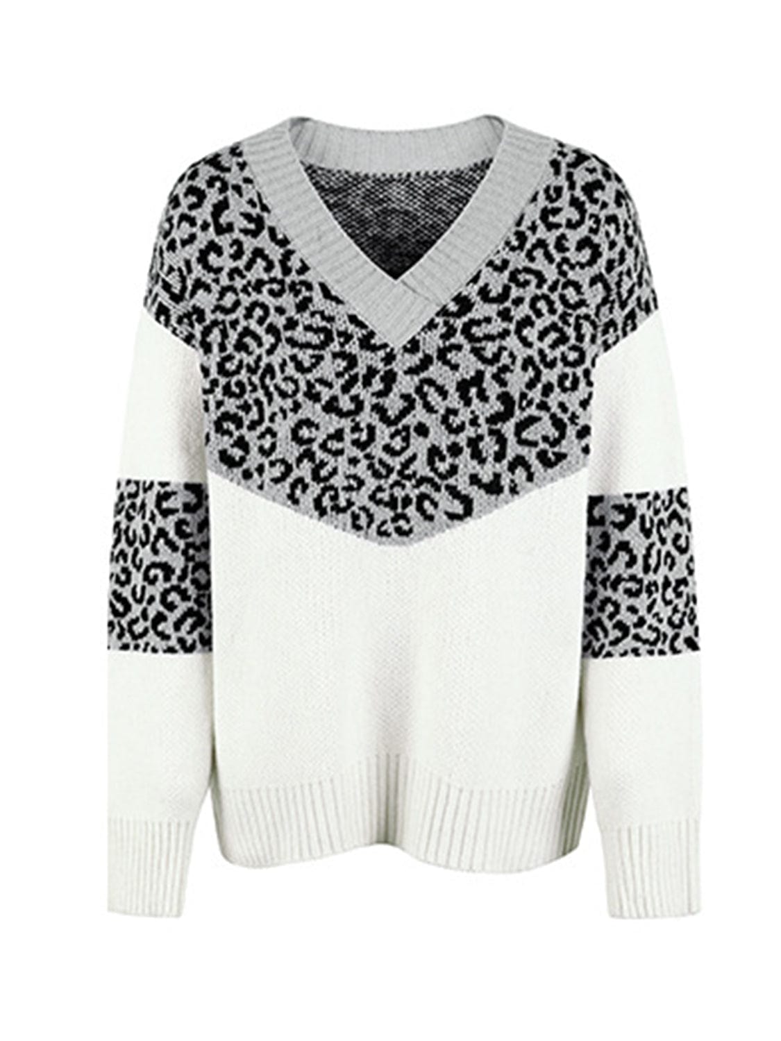 Trendsi Leopard V-Neck Dropped Shoulder Sweater