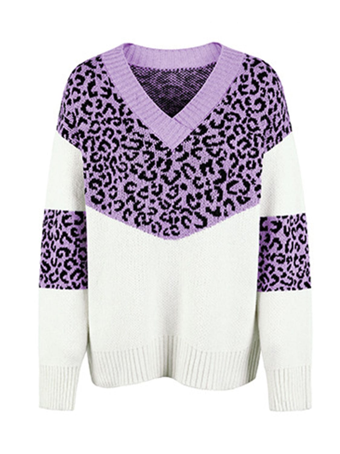Trendsi Leopard V-Neck Dropped Shoulder Sweater