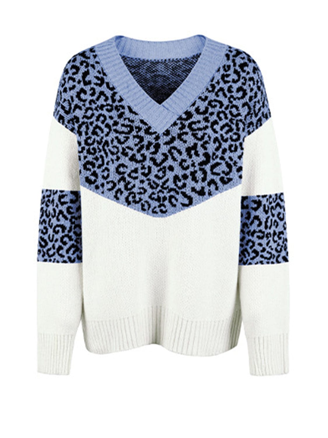 Trendsi Leopard V-Neck Dropped Shoulder Sweater