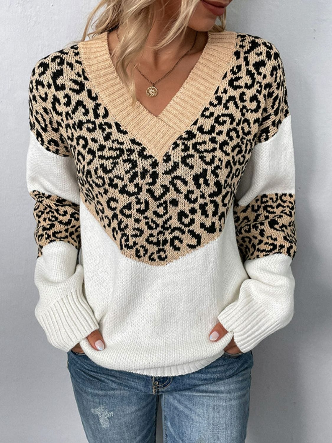 Trendsi Leopard V-Neck Dropped Shoulder Sweater