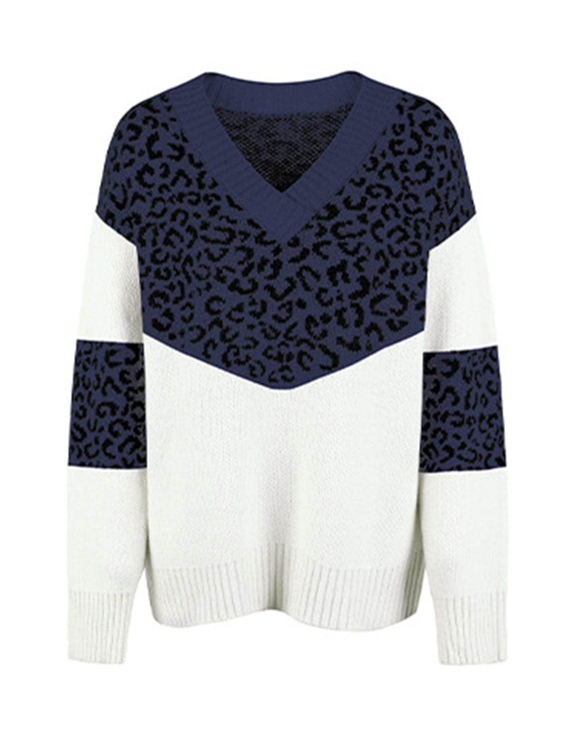 Trendsi Leopard V-Neck Dropped Shoulder Sweater