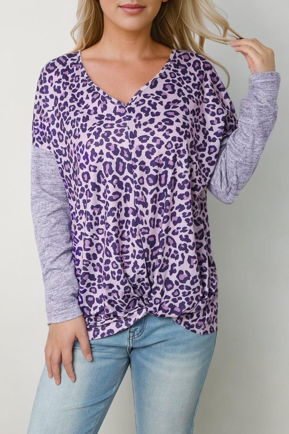 Trendsi Leopard V-Neck Long Sleeve T-Shirt