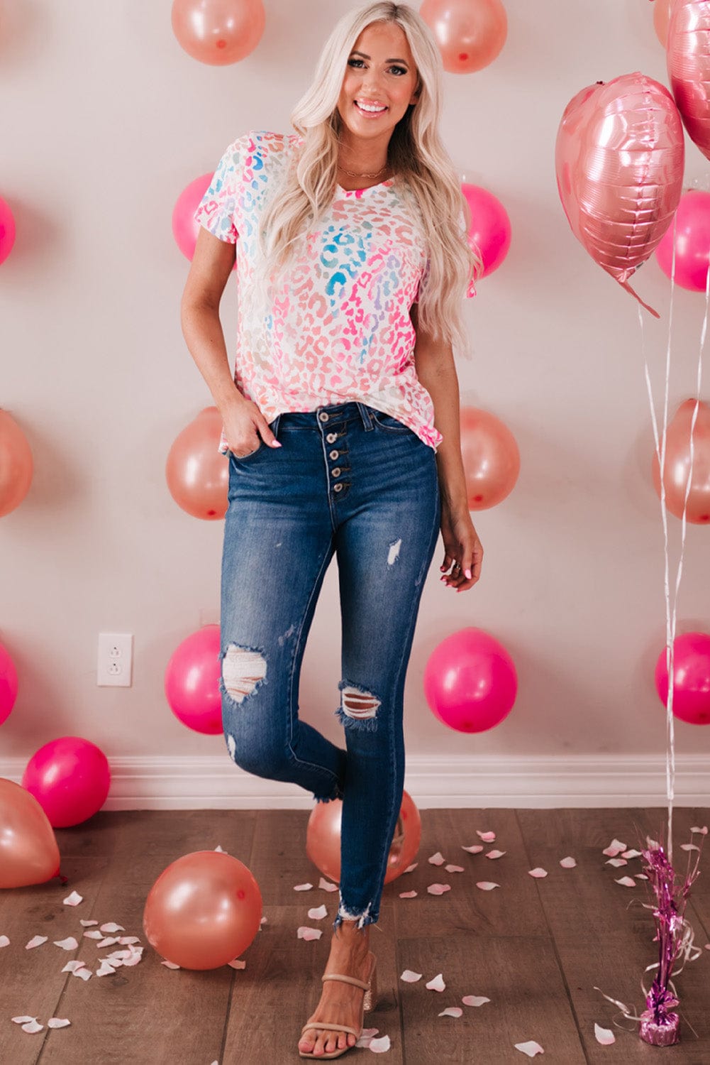 Trendsi Leopard V-Neck Short Sleeve Tee Shirt