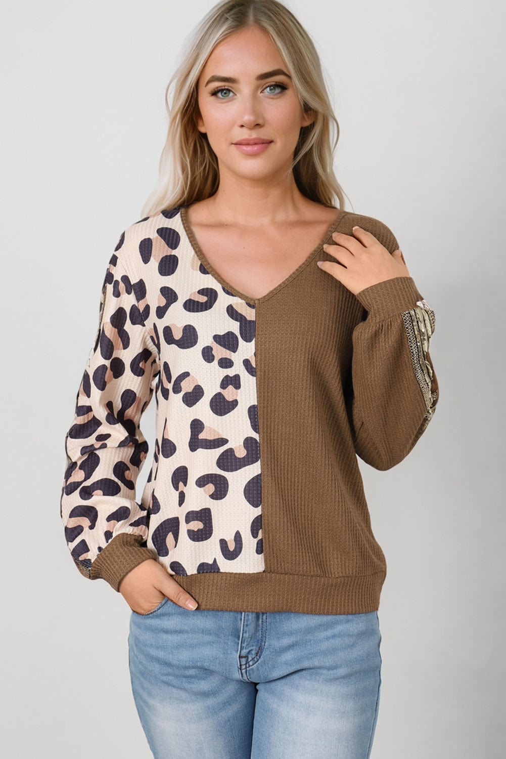 Trendsi Leopard V-Neck Waffle-Knit Top