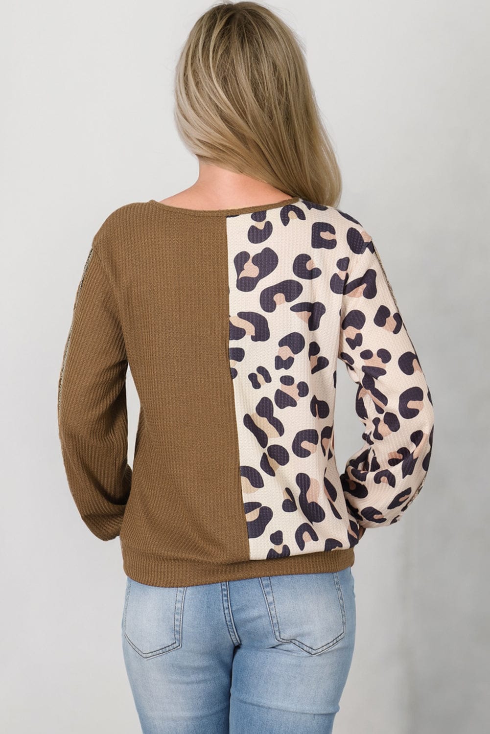 Trendsi Leopard V-Neck Waffle-Knit Top