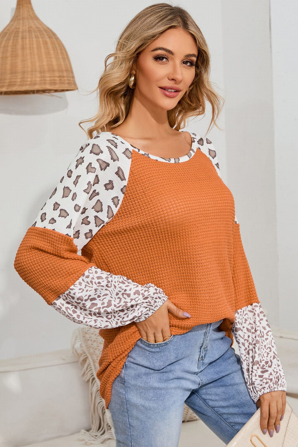 Trendsi Leopard Waffle-Knit Long Sleeve Blouse