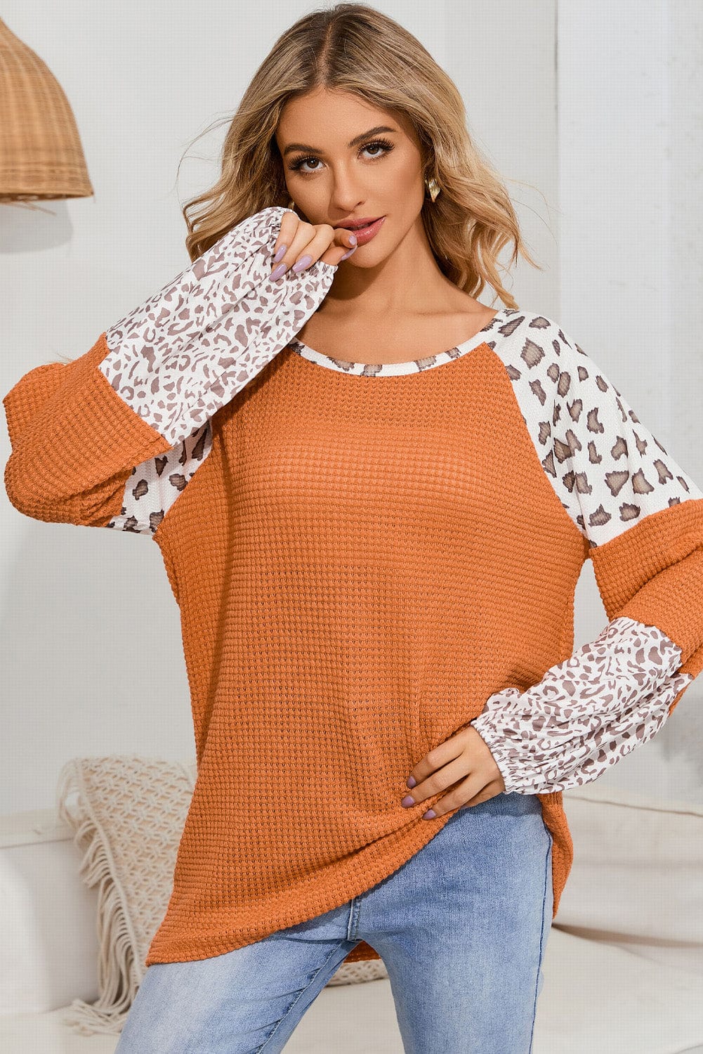 Trendsi Leopard Waffle-Knit Long Sleeve Blouse
