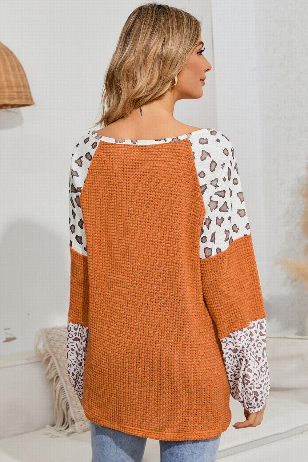 Trendsi Leopard Waffle-Knit Long Sleeve Blouse