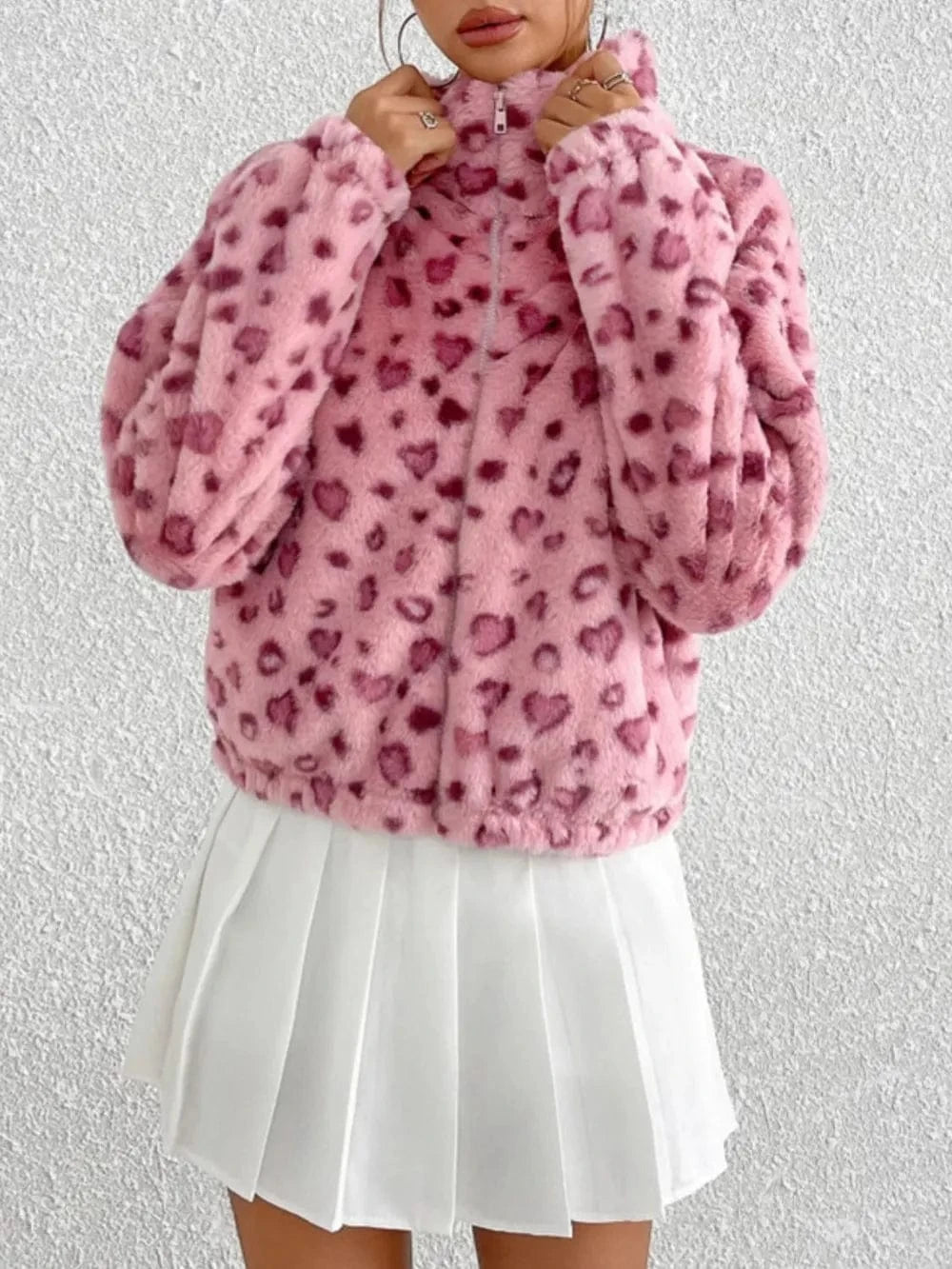 Trendsi Leopard Zip Up Long Sleeve Furry Jacket