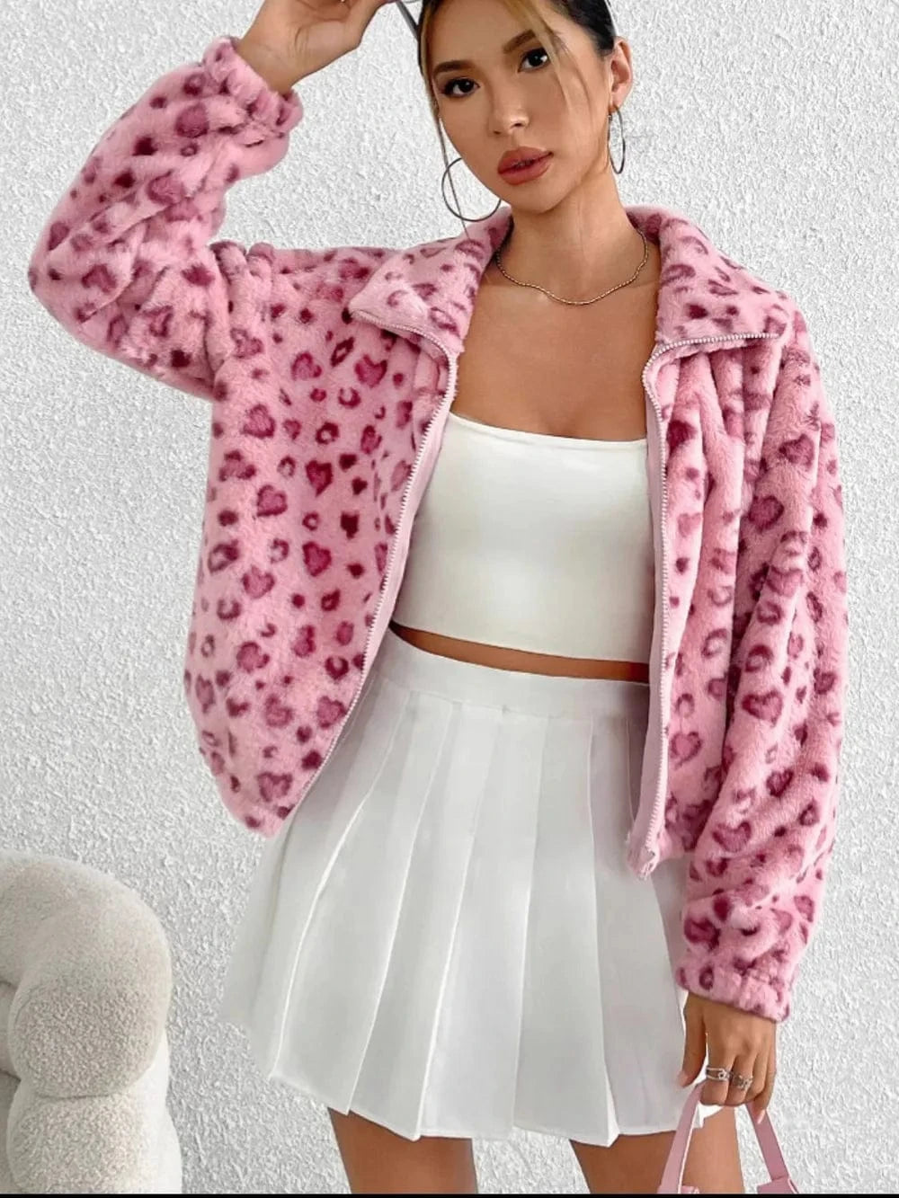 Trendsi Leopard Zip Up Long Sleeve Furry Jacket