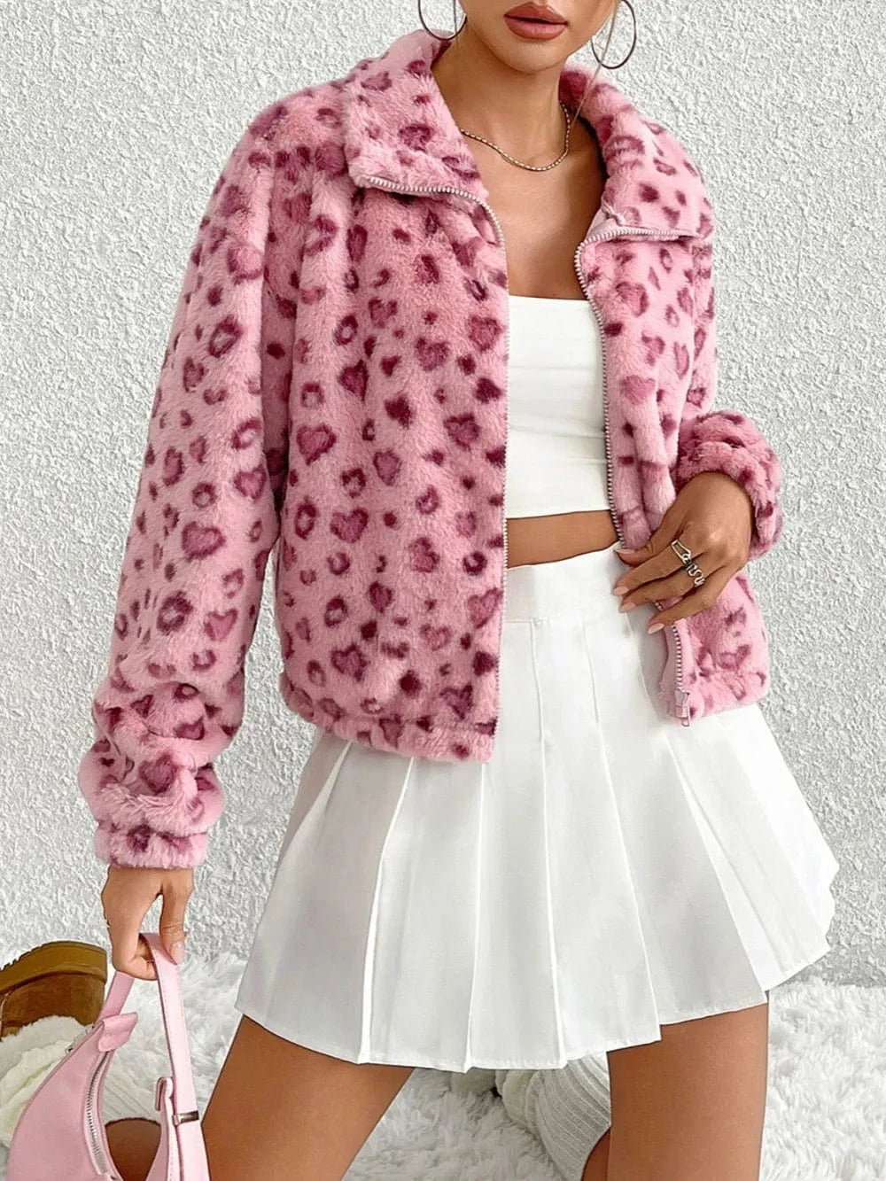 Trendsi Leopard Zip Up Long Sleeve Furry Jacket