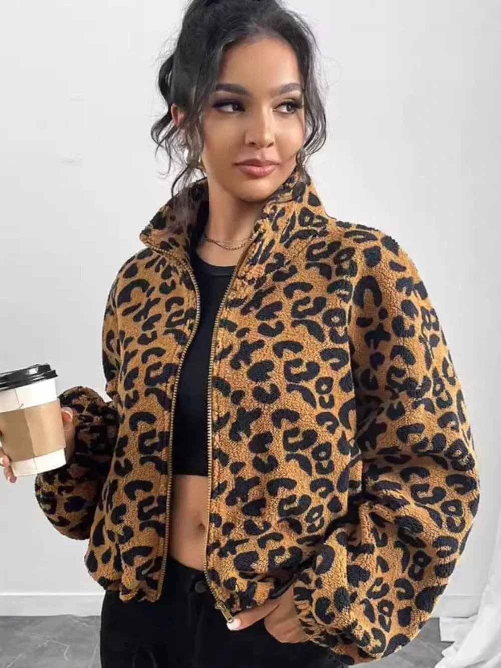 Trendsi Leopard Zip Up Long Sleeve Jacket