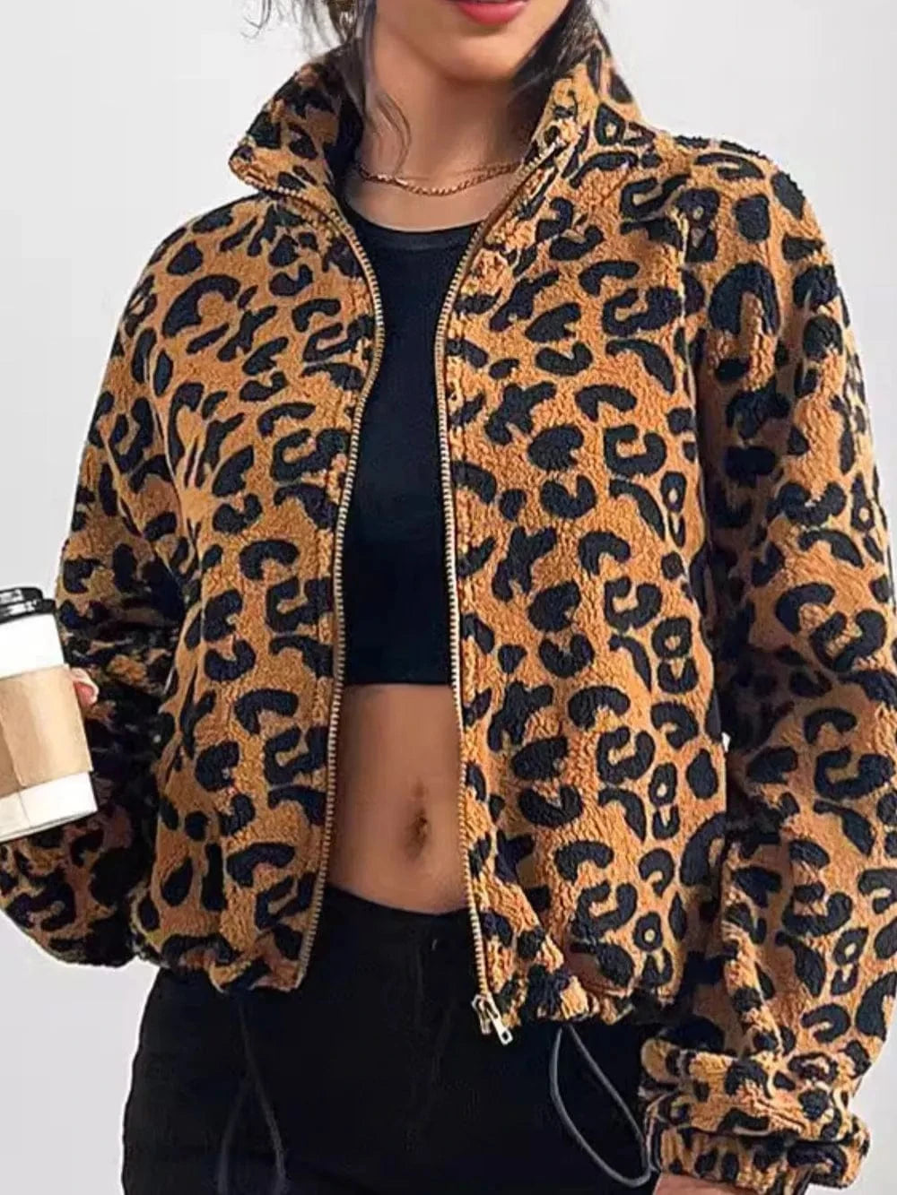 Trendsi Leopard Zip Up Long Sleeve Jacket