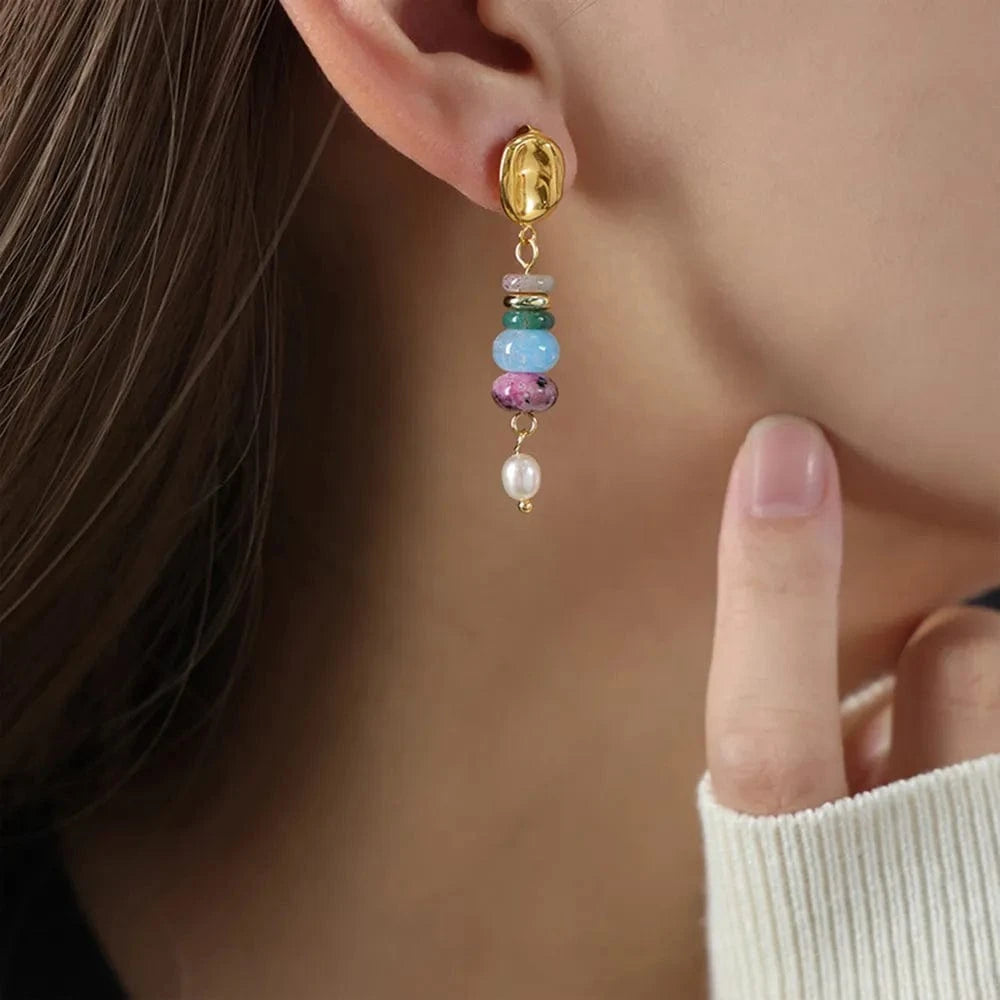 Trendsi Light Blue / One Size Natural Stone Freshwater Pearl Dangle Earrings