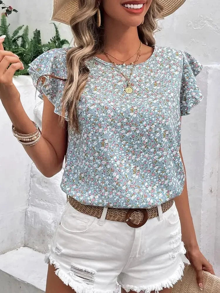 Trendsi Light Blue / S Ditsy Floral Round Neck Cap Sleeve Top