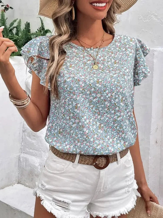 Trendsi Light Blue / S Ditsy Floral Round Neck Cap Sleeve Top