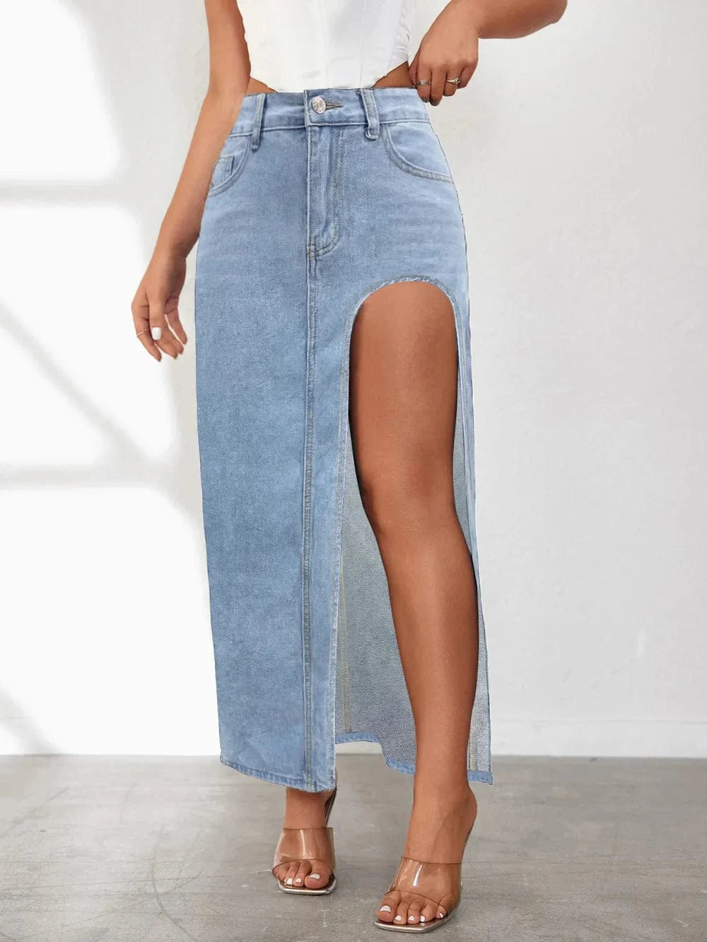 Trendsi Light Blue / S High Rise Slit Denim Skirt