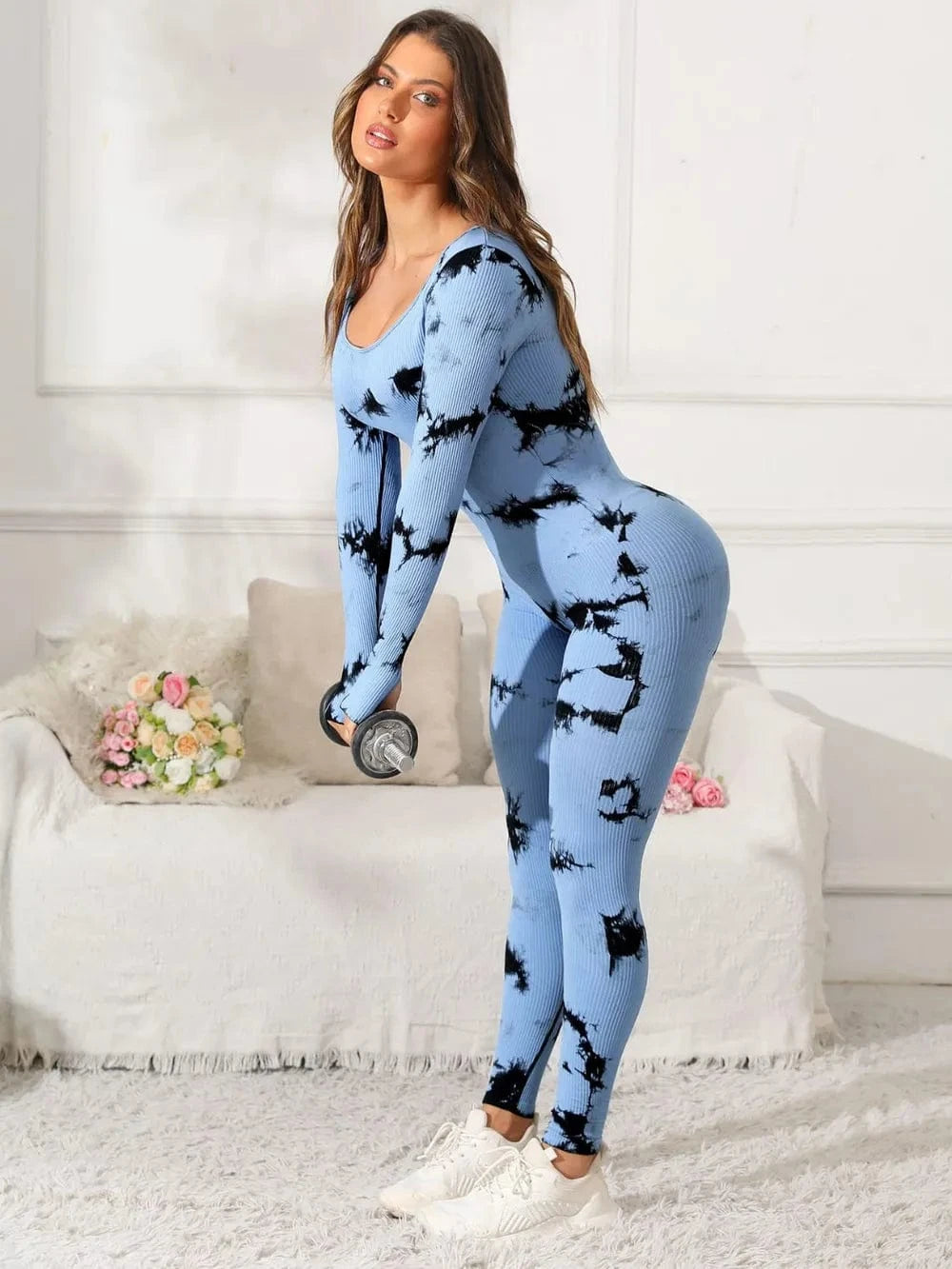 Trendsi Light Blue / S Scoop Neck Long Sleeve Active Jumpsuit