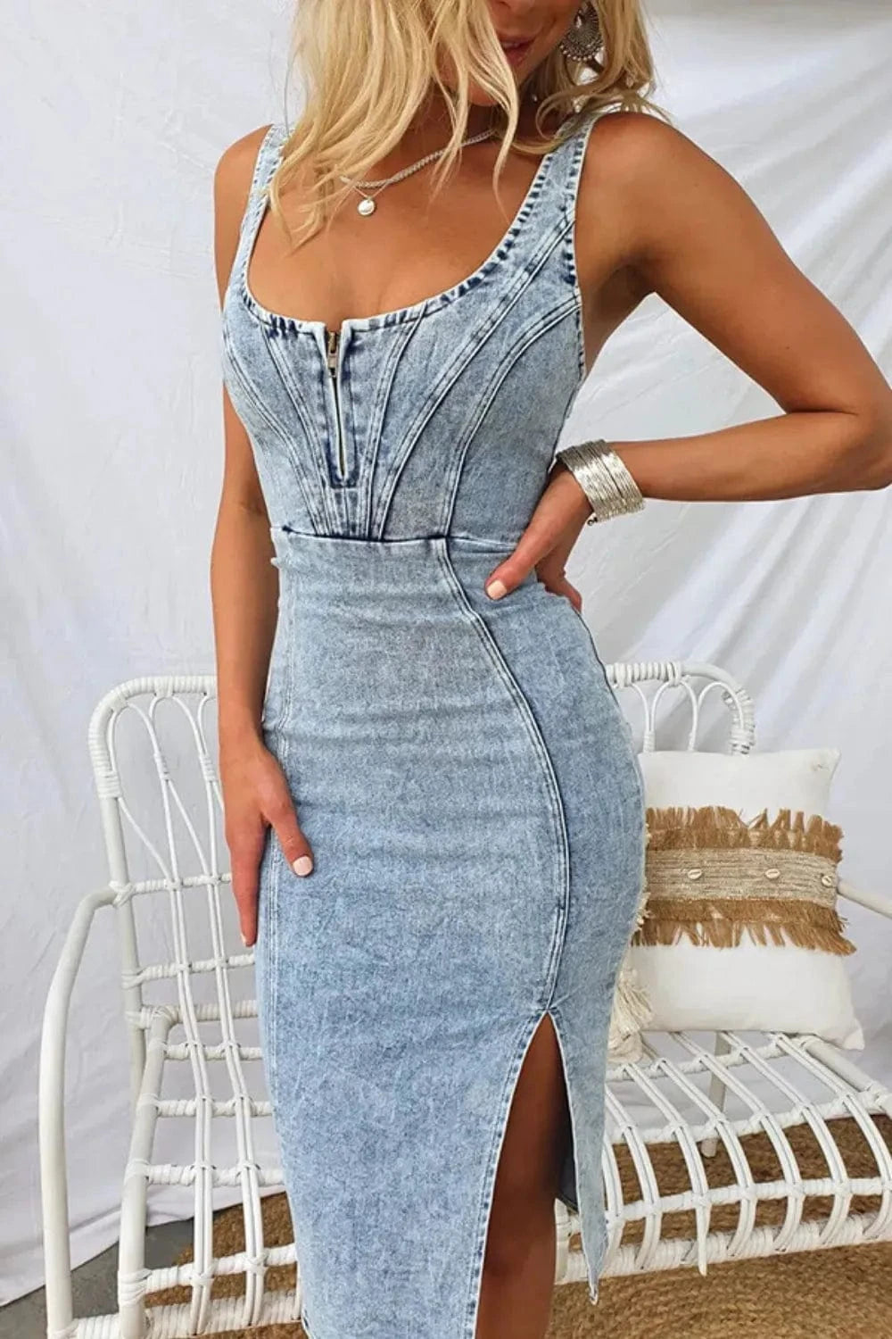 Trendsi Light Blue / S Side Slit Washed Scoop Neck Denim Dress