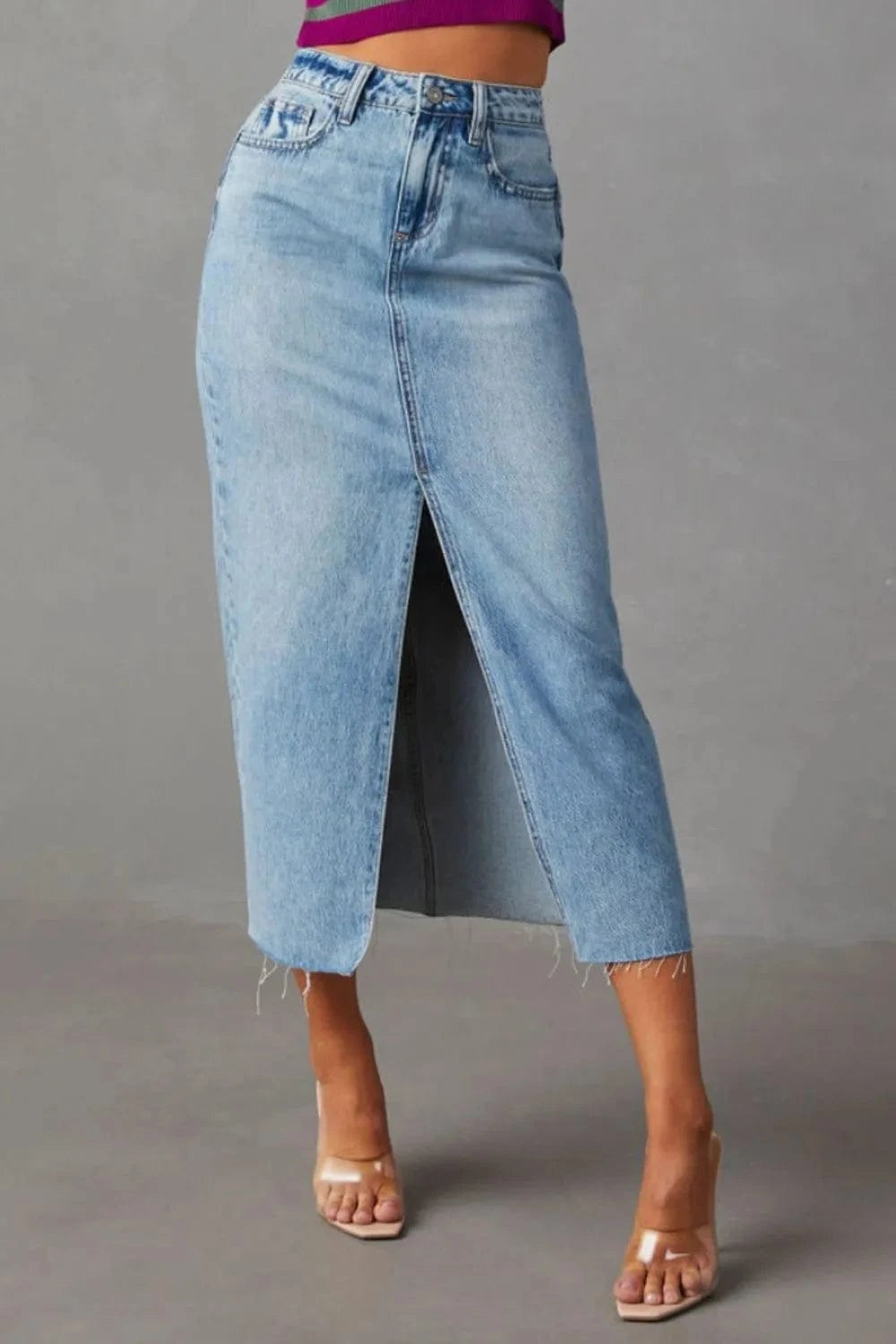 Trendsi Light Blue / S Slit Raw Hem Midi Denim Skirt