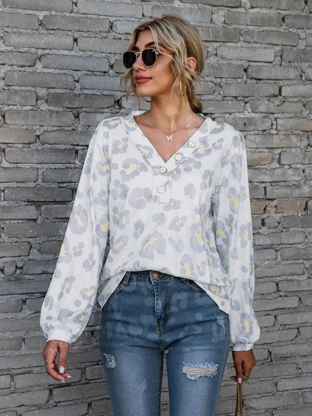 Trendsi Light Gray / S Leopard V-Neck Decorative Button Long Sleeve Blouse