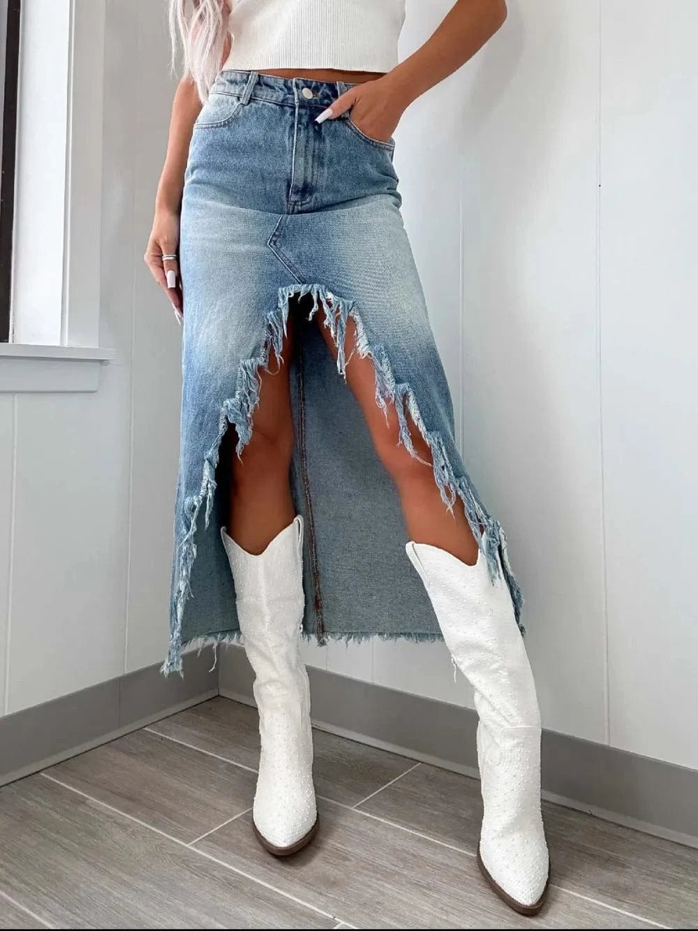 Trendsi Light / S High-Waist Raw Hem Asymmetry Denim Skirt