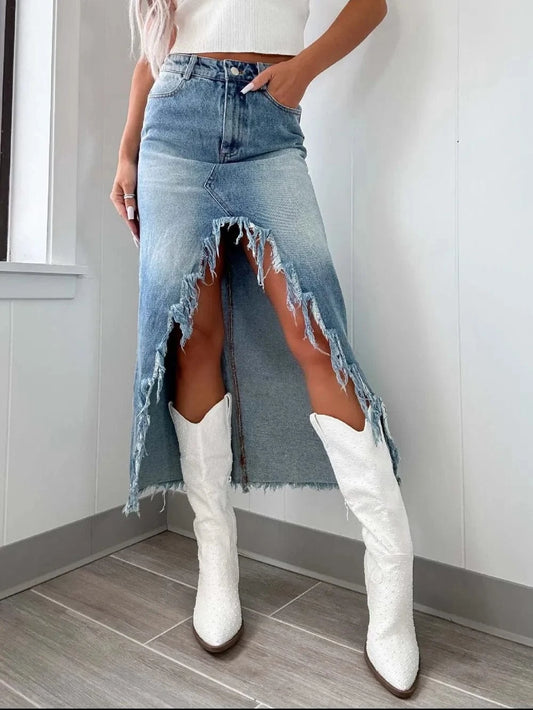 Trendsi Light / S High-Waist Raw Hem Asymmetry Denim Skirt