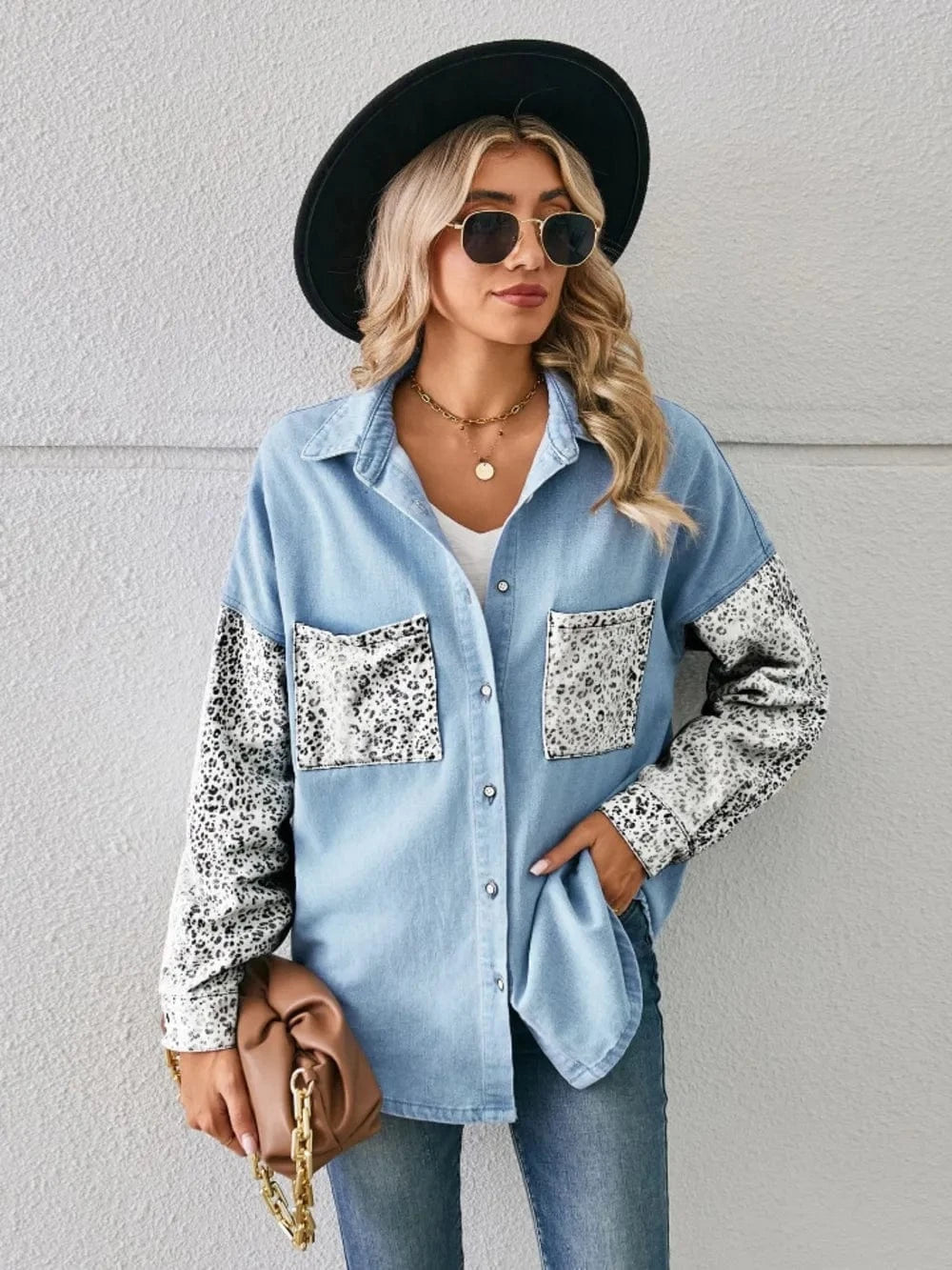Trendsi Light / S Leopard Button Up Denim Jacket