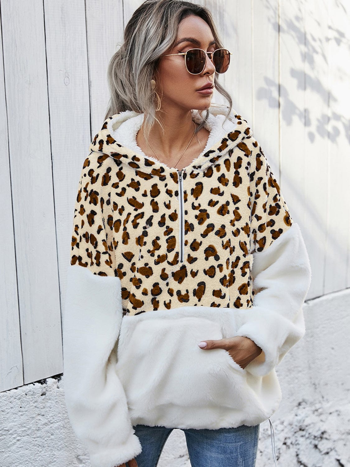 Trendsi Light Yellow / S Shiny Leopard Half-Zip Dropped Shoulder Hoodie