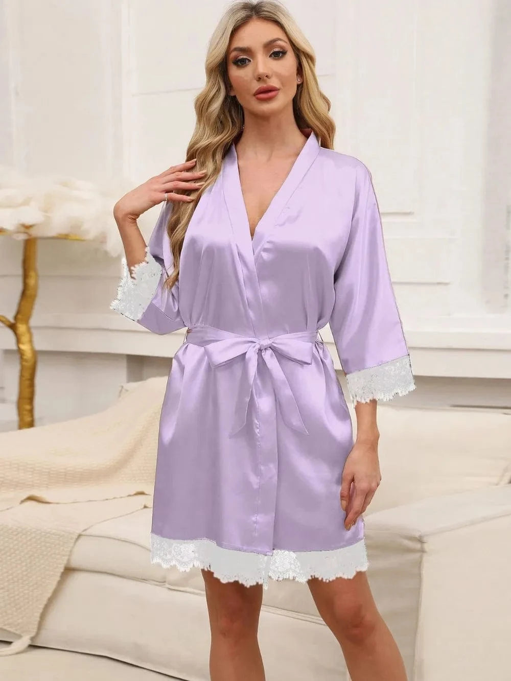 Trendsi Lilac / M Tied Lace Detail Three-Quarter Sleeve Lounge Nightgown