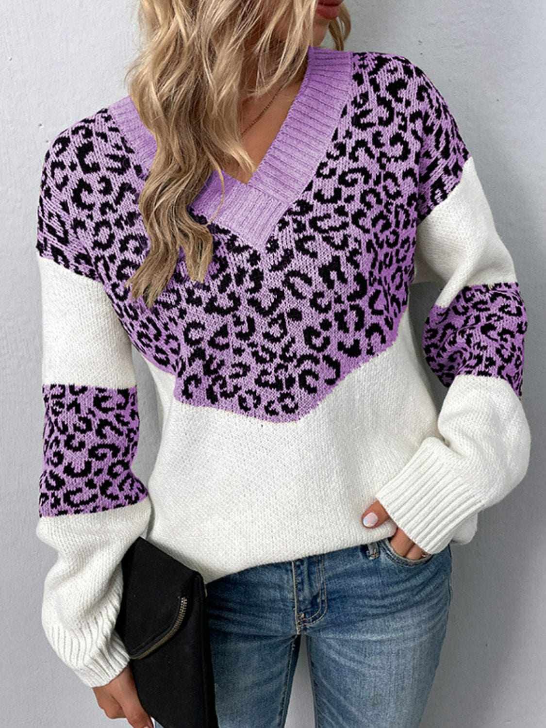 Trendsi Lilac / S Leopard V-Neck Dropped Shoulder Sweater