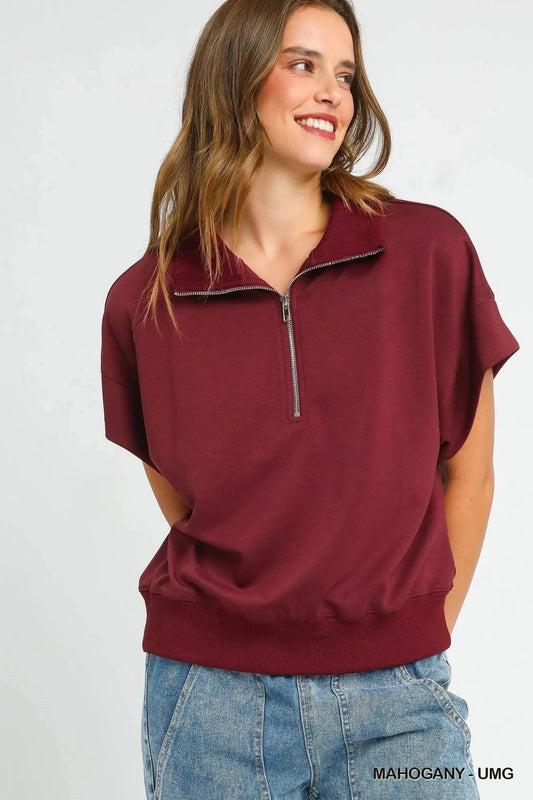 Trendsi MAHOGANY / S Umgee Full Size Half-Zip Short Sleeve Top Plus Size