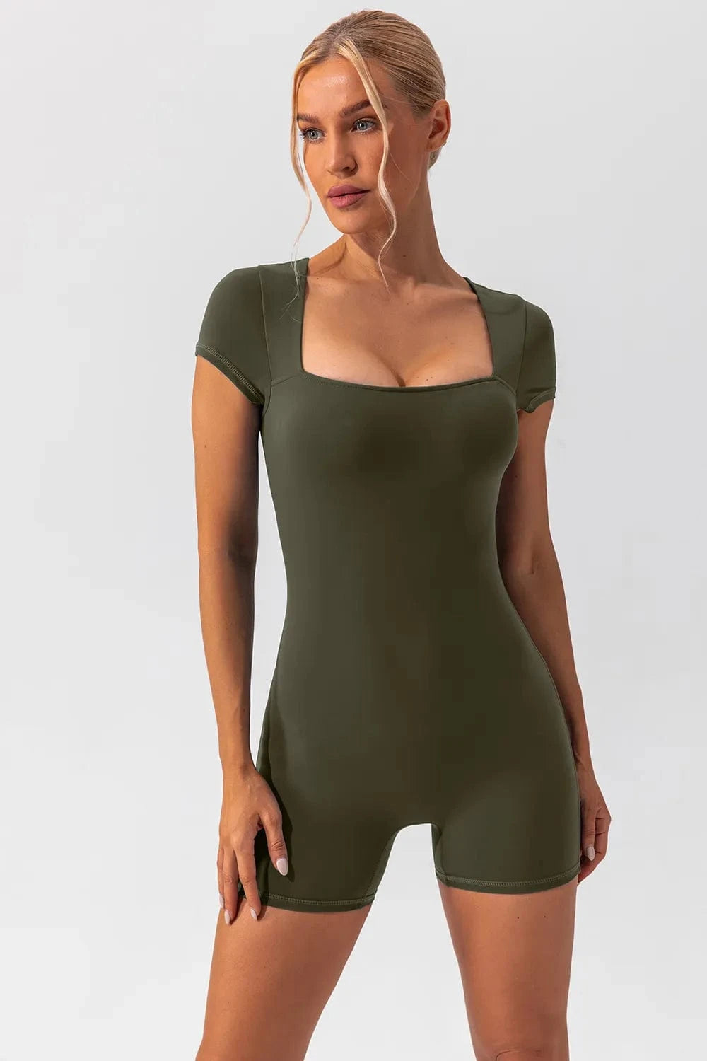 Trendsi Matcha Green / S Square Neck Cap Sleeve Active Romper
