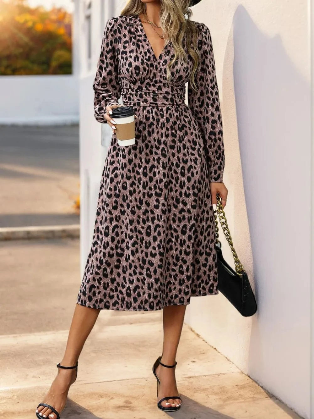 Trendsi Mauve / S Perfee Leopard Surplice Long Sleeve Midi Dress