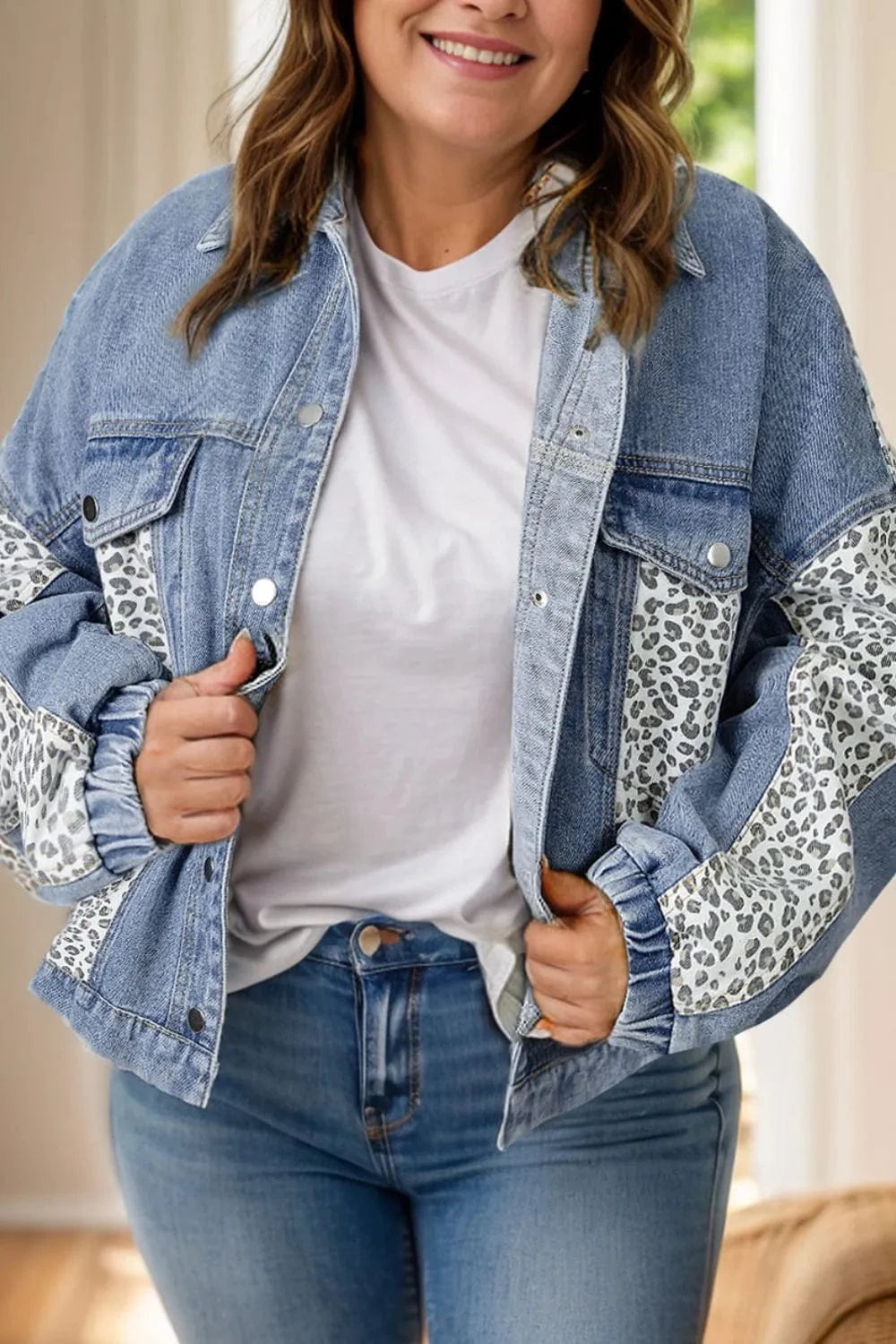 Trendsi Medium / 1XL Plus Size Leopard Long Sleeve Denim Jacket