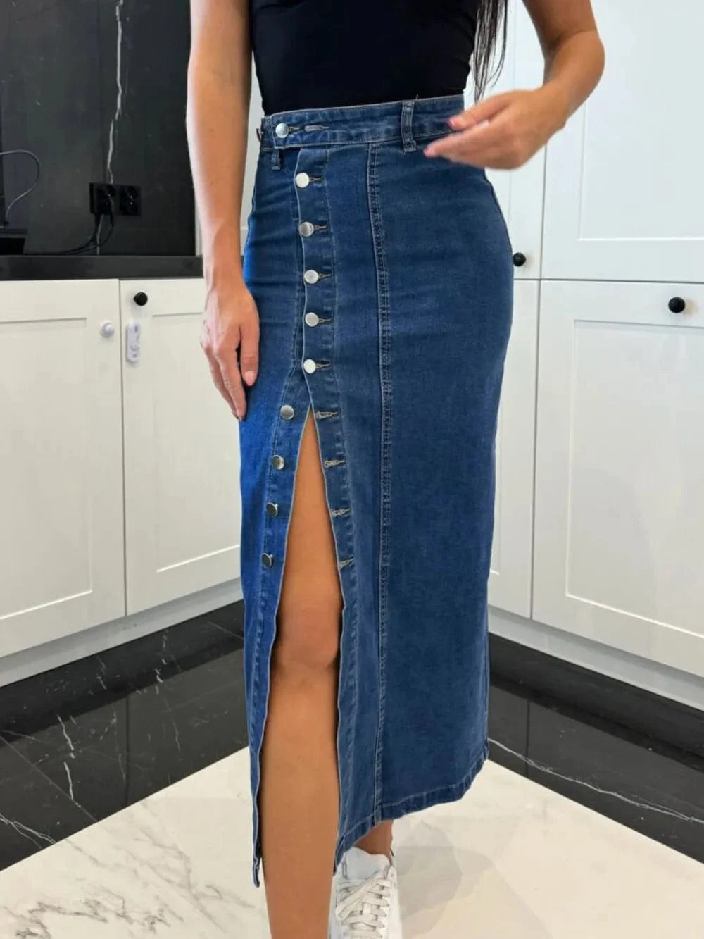 Trendsi Medium / S Front Button Slit Midi Denim Skirt
