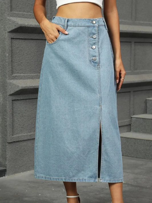 Trendsi Medium / S Slit Button Detail Denim Midi Skirt