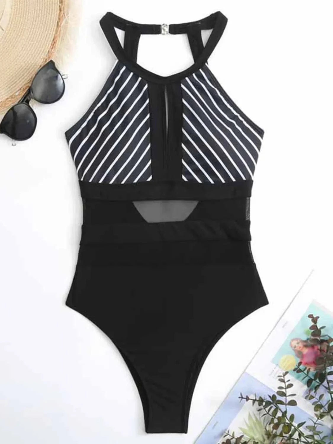 Trendsi Mesh Detail Backless Striped One-Piece Swimsuit