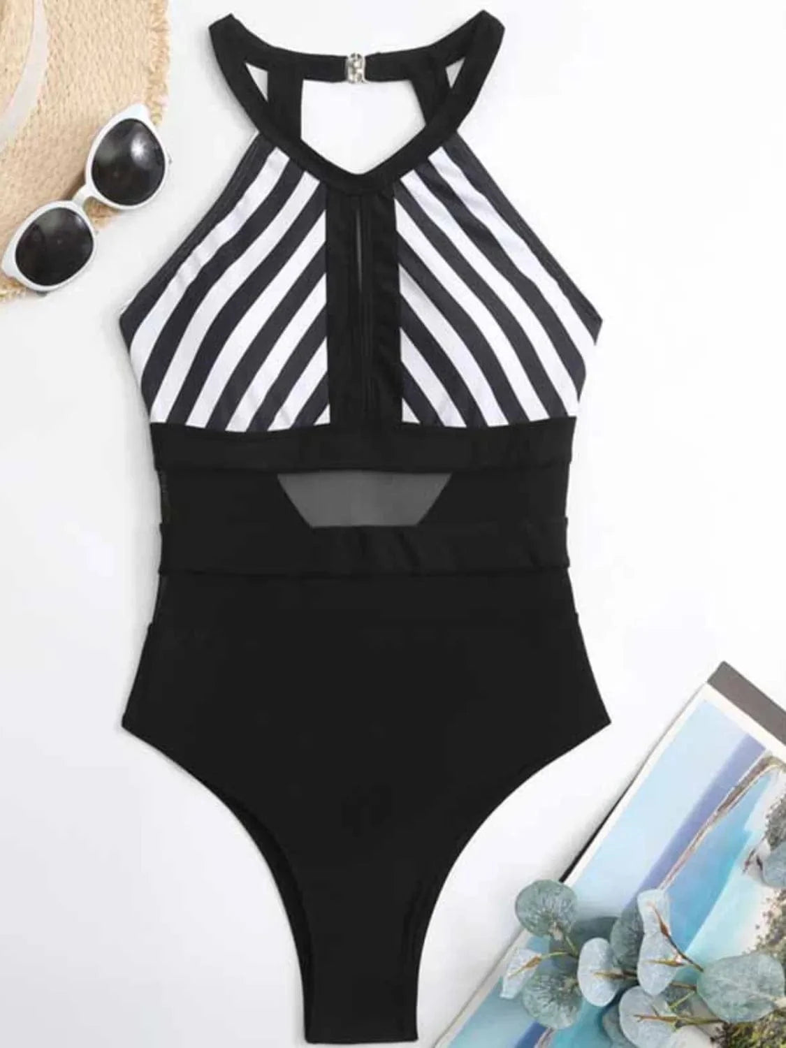 Trendsi Mesh Detail Backless Striped One-Piece Swimsuit