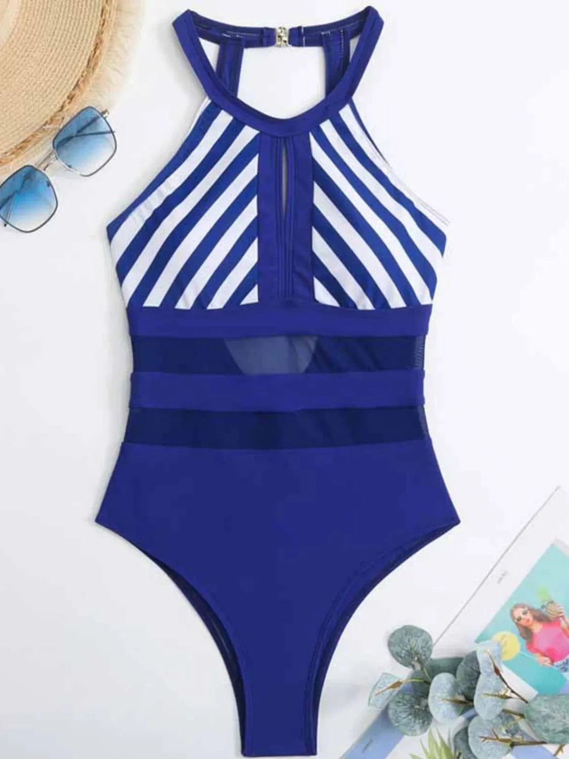 Trendsi Mesh Detail Backless Striped One-Piece Swimsuit