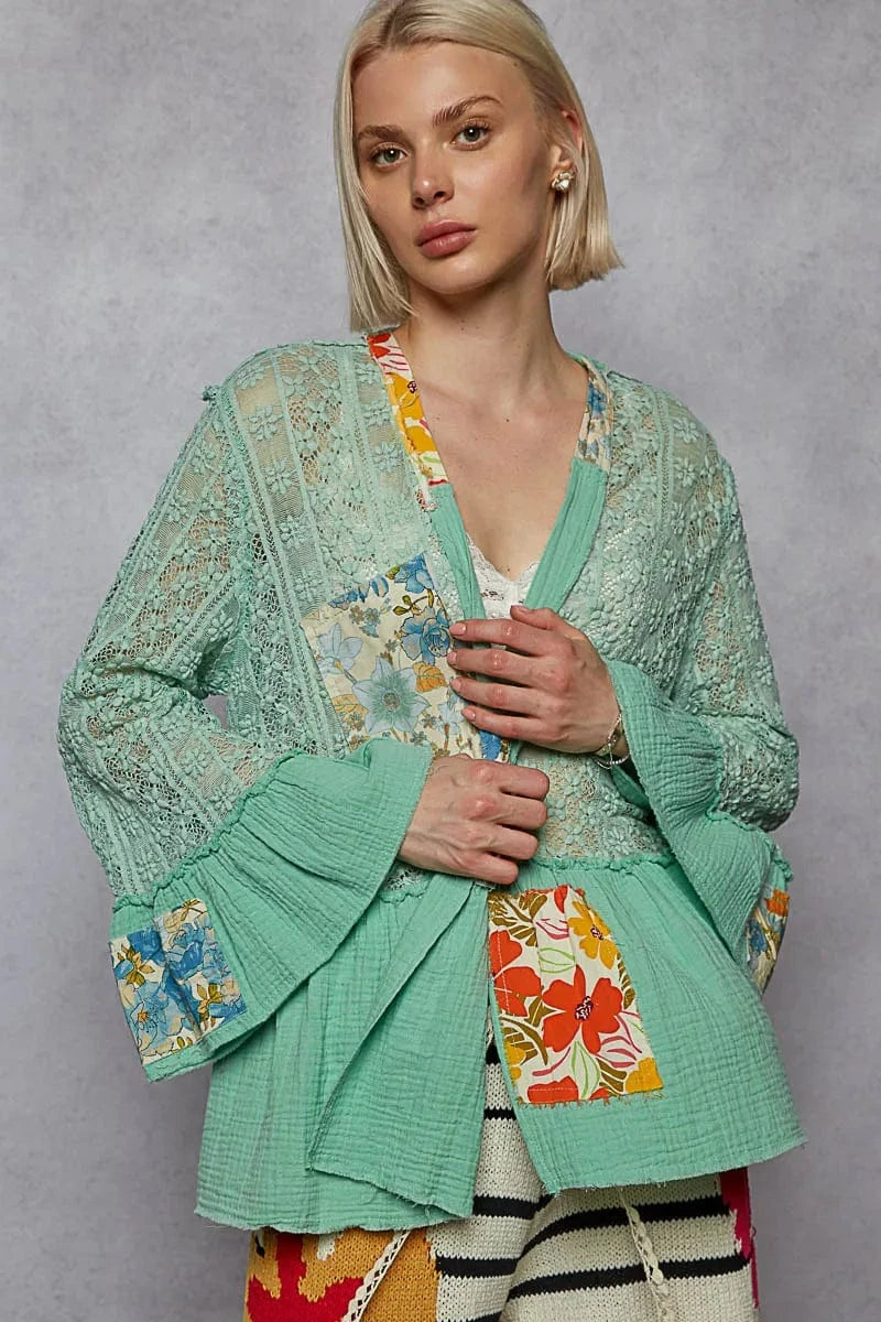 Trendsi MINT GREEN / S POL Lace Ruffled Hem Open Front Cardigan
