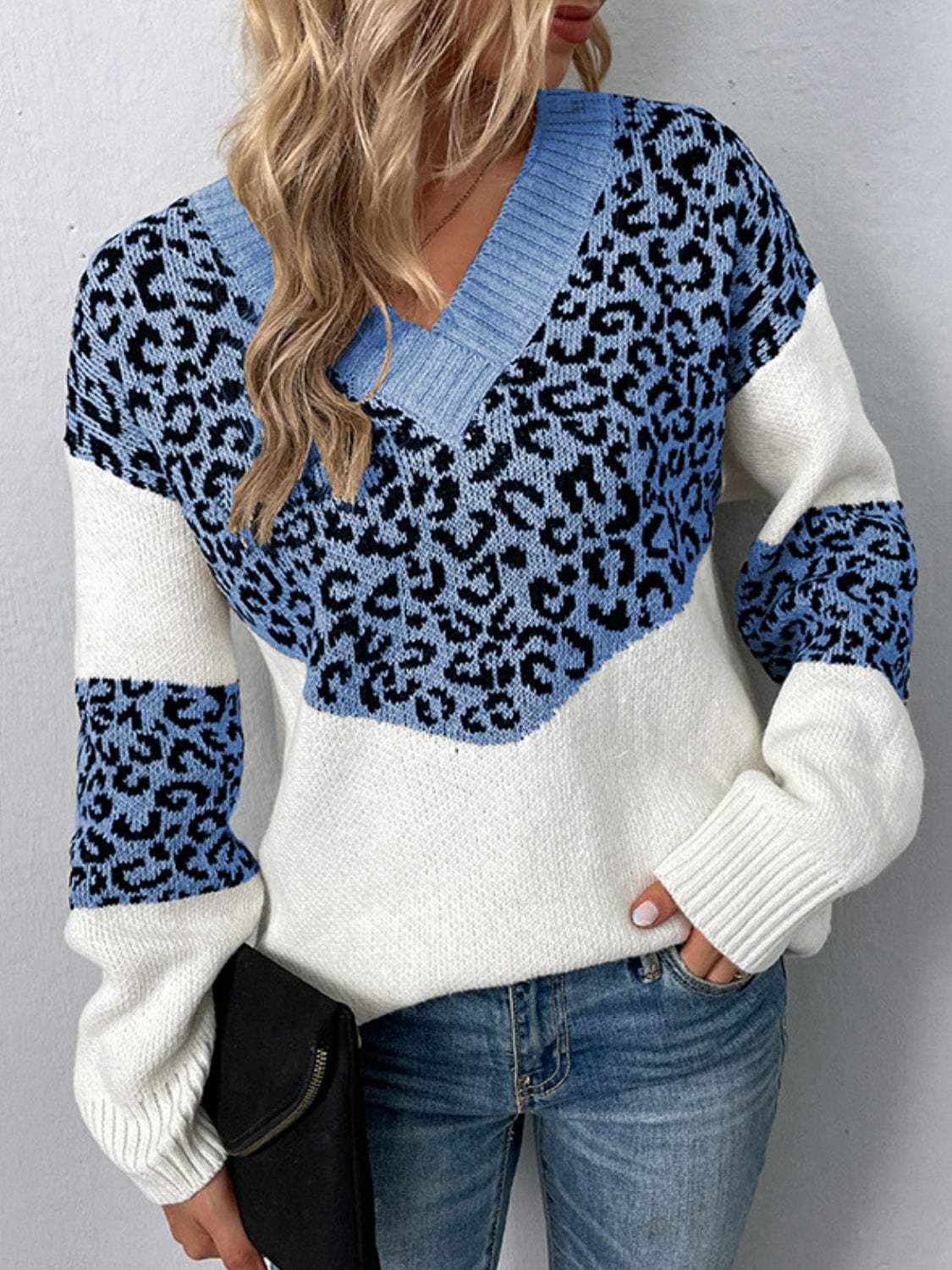 Trendsi Misty  Blue / S Leopard V-Neck Dropped Shoulder Sweater