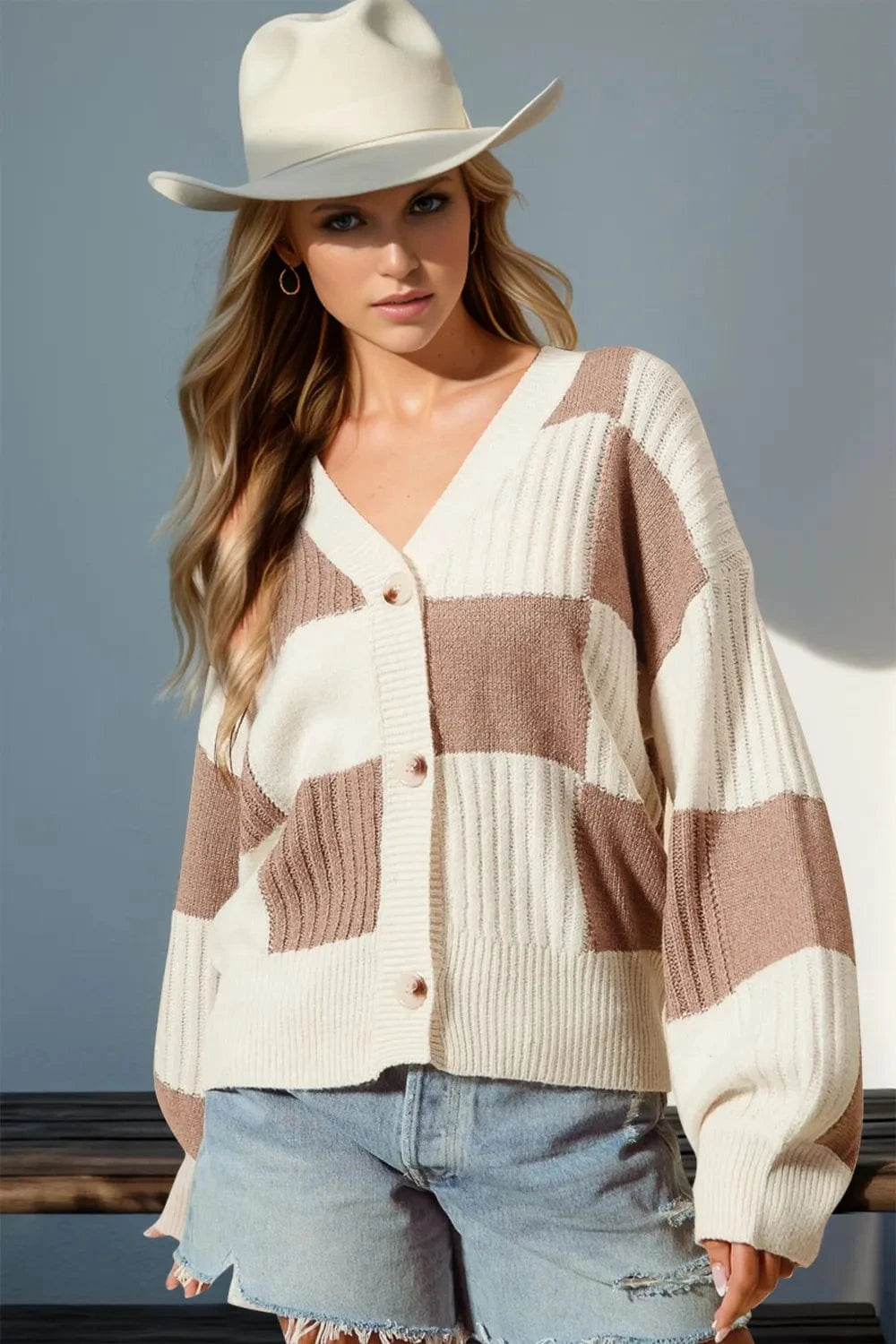 Trendsi Mocha / S/M Double Take Full Size Checkered Dropped Shoulder Cardigan